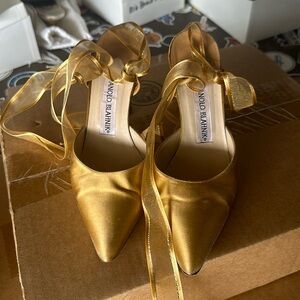 Manolo Blahnik Vintage Gold Lace Up Heels